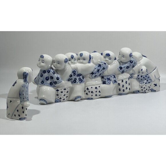 Liu Qingyun Other - 1998 Liu Qingyun Eagle and Chicks Game Blue and White China Sculpture